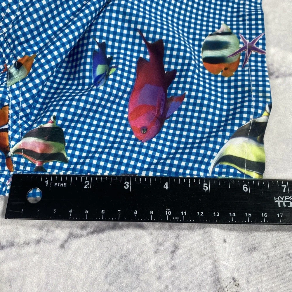Bills Khakis Fish‎ AOP Swim Trunks Mens Size 2XL Mesh Lined Blue Gingham 6.5